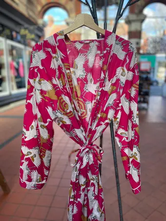 Tropical Pink Crane Cotton Kimono Robe